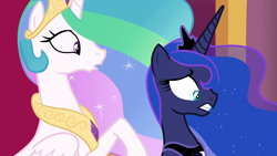 Size: 1920x1080 | Tagged: safe, screencap, princess celestia, princess luna, alicorn, pony, shadow play, spoiler:s07, shocked