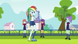 Size: 1280x720 | Tagged: safe, derpibooru import, screencap, crystal lullaby, ginger owlseye, melon mint, rainbow dash, better together, choose your own ending, equestria girls, sock it to me, sock it to me: trixie, barefoot, clothes, feet, football, shorts, soccer field, sports