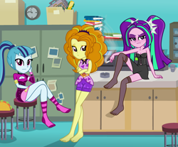 Size: 3192x2648 | Tagged: safe, alternate version, artist:charliexe, artist:grapefruitface1, derpibooru exclusive, adagio dazzle, aria blaze, sonata dusk, better together, equestria girls, find the magic, ashtray, ass, bare shoulders, barefoot, base used, blushing, book, breasts, butt, cigarette, cleavage, clock, clothes, desk, feet, female, food, legs, looking at you, office, pigtails, ponytail, resting bitch face, schrödinger's pantsu, sleeveless, smoking, socks, sonata donk, stocking feet, stockings, strapless, taco, taco dress, the dazzlings, thigh highs, thighs, trio, trio female, twintails