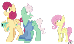 Size: 4500x2716 | Tagged: safe, artist:befishproductions, fluttershy, gentle breeze, posey shy, zephyr breeze, butterfly, pegasus, pony, baby, baby pony, colt, cute, filly, filly fluttershy, insect on nose, shys, signature, simple background, the shy family, transparent background, younger