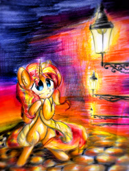 Size: 1920x2560 | Tagged: safe, artist:stardust0130, sunset shimmer, pony, unicorn, bipedal, blushing, clothes, ear fluff, female, mare, night, no pupils, open mouth, outdoors, scarf, solo, street, street lamp, traditional art