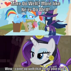 Size: 710x710 | Tagged: safe, derpibooru import, edit, edited screencap, screencap, mare do well, mayor mare, rainbow dash, rarity, pegasus, pony, unicorn, testing testing 1-2-3, the mysterious mare do well, ancient wonderbolts uniform, angry, balloon, caption, celebration, clothes, female, flat stare, flying, frown, hat, image macro, lidded eyes, mare, meme, podium, rarity is not amused, sarcasm, sgt. rarity, spotlight, surprised, text, unamused, uniform