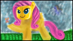 Size: 1024x576 | Tagged: safe, artist:edjka, derpibooru import, fluttershy, rainbow dash, butterfly, pegasus, pony