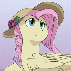 Size: 1000x1000 | Tagged: safe, artist:espeonna, fluttershy, pegasus, pony, female, hat, mare, solo