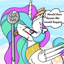 Size: 1000x1000 | Tagged: safe, artist:cuddlelamb, princess celestia, alicorn, pony, blushing, chest fluff, cursive, cute, ear fluff, embarrassed, female, mare, north pole, pole, sillestia, silly, silly pony, solo, sweat, sweatdrop, thought bubble, tongue out, tongue stuck to pole, wing fluff