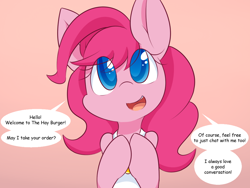 Size: 1000x750 | Tagged: safe, artist:dshou, pinkie pie, earth pony, pony, clothes, cute, dialogue, diapinkes, hooves together, open mouth, solo, speech bubble, the hayburger, yet another pinkie blog