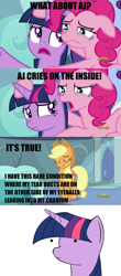 Size: 1276x2902 | Tagged: safe, screencap, applejack, pinkie pie, twilight sparkle, earth pony, pony, tanks for the memories, image macro, literal metaphor, meme, too much information