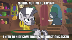 Size: 977x550 | Tagged: safe, edit, edited screencap, screencap, rarity, zecora, pony, unicorn, zebra, it isn't the mane thing about you, cloak, clothes, ear piercing, earring, female, image macro, jewelry, mare, meme, neck rings, piercing, raised eyebrow, zecora's hut