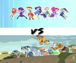 Size: 1200x1000 | Tagged: safe, edit, edited screencap, screencap, applejack, flash magnus, fluttershy, meadowbrook, mistmane, pinkie pie, rainbow dash, rarity, rockhoof, sci-twi, somnambula, star swirl the bearded, stygian, sunset shimmer, twilight sparkle, equestria girls, equestria girls series, rollercoaster of friendship, shadow play, humane five, humane seven, humane six, pillars of equestria, ponied up, super ponied up, this will end in pain, versus, vs, wrong aspect ratio