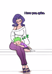 Size: 2073x2917 | Tagged: safe, artist:franschesco, rarity, spike, human, breasts, female, head on lap, horned humanization, humanized, male, raritits, shipping, sleeping, sparity, straight, zzz