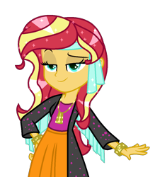 Size: 863x985 | Tagged: safe, artist:lazuli, sunset shimmer, equestria girls, alternate hairstyle, bedroom eyes, bracelet, clothes, ethereal mane, eyelashes, jewelry, necklace, simple background, smiling, solo, starry mane, transparent background