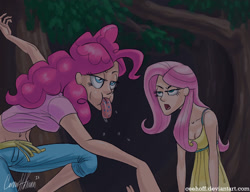 Size: 1037x798 | Tagged: safe, artist:ceehoff, fluttershy, pinkie pie, human, bridle gossip, belly button, cleavage, clothes, dancing, dress, drool, duo, evil enchantress, female, flutterguy, forest, humanized, midriff, scene interpretation, singing, skinny, song in the comments, spitty pie