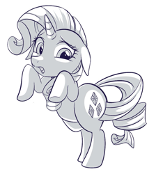 Size: 891x996 | Tagged: safe, artist:haden-2375, rarity, pony, unicorn, female, grayscale, looking at you, mare, monochrome, simple background, solo, white background