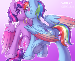 Size: 2778x2257 | Tagged: safe, artist:shad0w-galaxy, derpibooru import, rainbow dash, twilight sparkle, twilight sparkle (alicorn), alicorn, pegasus, pony, blushing, butt, cute, female, fluffy, frog (hoof), lesbian, looking at you, mare, patreon, patreon logo, plot, shipping, twidash, underhoof, unshorn fetlocks, wing fluff