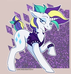 Size: 1239x1280 | Tagged: safe, artist:singingbirdstudio, rarity, pony, unicorn, abstract background, alternate hairstyle, female, mare, one eye closed, punk, raripunk, solo, wink