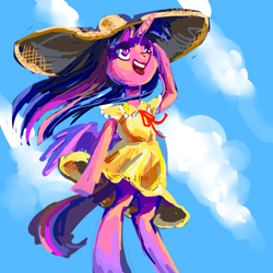 Size: 1800x1800 | Tagged: safe, artist:ilanta, derpibooru import, twilight sparkle, pony, bipedal, clothes, giant hat, hat, solo