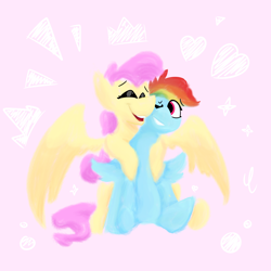 Size: 2000x2000 | Tagged: safe, artist:antimationyt, derpibooru import, fluttershy, rainbow dash, pegasus, pony, abstract background, cute, female, flutterdash, hug, hug from behind, lesbian, mare, shipping, shipping fuel, sitting, smiling, spread wings, wings