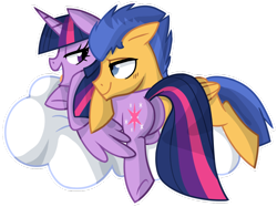 Size: 1024x765 | Tagged: safe, artist:kaji-tanii, derpibooru import, flash sentry, twilight sparkle, twilight sparkle (alicorn), alicorn, pegasus, pony, bedroom eyes, butt pillow, cloud, cuddling, female, flashlight, male, mare, plot, seductive, shipping, simple background, smiling, snuggling, stallion, straight, transparent background