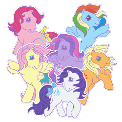 Size: 700x700 | Tagged: safe, derpibooru import, applejack, fluttershy, pinkie pie, rainbow dash, rarity, twilight sparkle, twilight sparkle (alicorn), alicorn, earth pony, pegasus, pony, unicorn, g1, bow, female, generation leap, looking at you, mane six, mane six opening poses, mare, rainbow squad, simple background, tail bow, transparent background, website