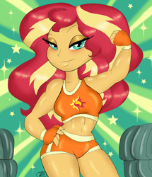 Size: 956x1112 | Tagged: safe, artist:purfectprincessgirl, sunset shimmer, equestria girls, bad anatomy, blushing, bra, clothes, commission, cutie mark, cutie mark on clothes, female, fingerless gloves, flexing, gloves, lidded eyes, looking at you, muscles, shorts, solo, sports bra, sports panties, sports shorts, sunset lifter, sweat, workout outfit