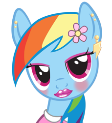 Size: 879x960 | Tagged: safe, artist:slyfoxcl, derpibooru import, edit, edited edit, rainbow dash, pegasus, pony, alternate hairstyle, blushing, bust, clothes, dress, ear piercing, eyelashes, female, flower, flower in hair, lipstick, makeup, mare, nightmare fuel, piercing, rainbow dash always dresses in style, simple background, solo, tomboy taming, white background