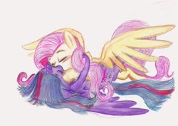 Size: 3378x2386 | Tagged: safe, artist:deihiru, derpibooru import, fluttershy, twilight sparkle, twilight sparkle (alicorn), alicorn, pegasus, pony, female, kissing, lesbian, mare, shipping, traditional art, twishy