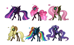 Size: 9138x5604 | Tagged: safe, artist:lumi-infinite64, derpibooru import, applejack, fluttershy, nightmare rarity, pinkie pie, rainbow dash, rarity, twilight sparkle, twilight sparkle (alicorn), alicorn, earth pony, pegasus, pony, unicorn, evil, evil grin, grin, mane six, nightmare, nightmare applejack, nightmare fluttershy, nightmare pinkie, nightmare rainbow dash, nightmare twilight, nightmarified, simple background, smiling, transparent background