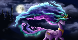 Size: 2970x1530 | Tagged: safe, artist:artguydis, nightmare moon, princess celestia, alicorn, pony, castle, cloud, cloudy, crown, ethereal mane, female, jewelry, mare, moon, night, peytral, regalia