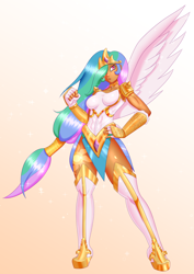 Size: 2480x3508 | Tagged: safe, artist:ryujisama, princess celestia, human, armor, commission, crown, cutie mark on human, hair over one eye, humanized, jewelry, one wing out, regalia, solo, warrior celestia, winged humanization, wings