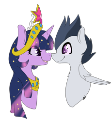 Size: 2491x2719 | Tagged: safe, artist:oddends, derpibooru import, rumble, twilight sparkle, twilight sparkle (alicorn), alicorn, pony, big crown thingy, boop, crack shipping, element of magic, eye contact, female, fluffy, male, mare, nose wrinkle, noseboop, open mouth, rumblelight, shipping, simple background, smiling, straight, transparent background