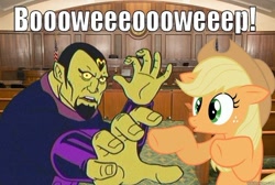 Size: 700x469 | Tagged: safe, applejack, earth pony, pony, adult swim, cartoon network, crossover, harvey birdman, image macro, meme, mentok the mind taker