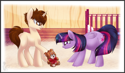 Size: 1800x1056 | Tagged: safe, artist:blackfreya, derpibooru import, twilight sparkle, twilight sparkle (alicorn), alicorn, pony, crib, crossover, crossover shipping, female, mama twilight, mare, peter parker, ponified, pregnant, spider-man, spiders and magic ii: eleven months, spiders and magic: rise of spider-mane, spidertwi, teddy bear