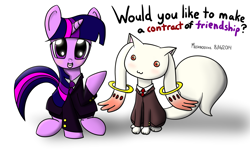 Size: 4159x2471 | Tagged: safe, artist:mushrooshi, derpibooru import, twilight sparkle, incubator (species), business suit, businessmare, clothes, colored, contract, formal, kyubey, lawyer, puella magi madoka magica, suit