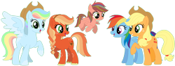 Size: 1258x476 | Tagged: safe, artist:camomiie, derpibooru import, applejack, rainbow dash, oc, oc:bellflower, oc:jazz apple, oc:suncrisp, earth pony, pegasus, pony, appledash, base used, family, female, lesbian, magical lesbian spawn, offspring, parent:applejack, parent:rainbow dash, parents:appledash, shipping, simple background, transparent background