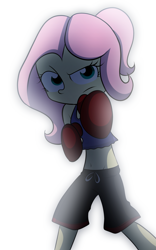 Size: 3783x6069 | Tagged: safe, artist:fj-c, fluttershy, equestria girls, alternate hairstyle, badass, belly button, boxing, boxing gloves, clothes, flutterbadass, martial arts, midriff, ponytail, serious, serious face, shorts, solo, sports shorts, tanktop