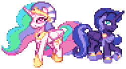 Size: 376x208 | Tagged: safe, artist:mrponiator, princess celestia, princess luna, alicorn, pony, animated, duo, gif, horseshoes, pixel art, simple background, smiling, transparent background