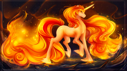 Size: 3840x2160 | Tagged: safe, artist:koveliana, derpibooru import, oc, oc only, oc:cinder, pony, unicorn, chromatic aberration, color porn, mane of fire, solo, unshorn fetlocks, wallpaper