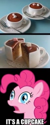 Size: 552x1381 | Tagged: safe, artist:flizzick, edit, pinkie pie, earth pony, pony, too many pinkie pies, bust, cake, caption, cup, cupcake, derp, female, food, fork, frown, gasp, image macro, literal, mare, obligatory pony, open mouth, pun, shocked, solo, text, vector, wide eyes