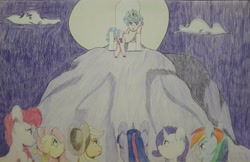 Size: 4092x2655 | Tagged: safe, artist:jojohernandez, derpibooru import, applejack, cozy glow, fluttershy, pinkie pie, rainbow dash, rarity, twilight sparkle, earth pony, pegasus, pony, unicorn, februpony, mane six, moon, traditional art