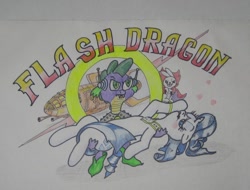 Size: 893x680 | Tagged: safe, angel bunny, rarity, spike, dragon, pony, unicorn, crossover, female, flash gordon, holding a pony, male, shipping, spaceship, sparity, straight, traditional art