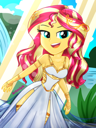 Size: 1800x2400 | Tagged: safe, artist:artmlpk, sunset shimmer, equestria girls, adorable face, adorasexy, alternate hairstyle, armlet, bare chest, bare shoulders, beautiful, breasts, cleavage, clothes, crown, cute, design, dress, female, goddess, greek, greek goddess, jewelry, looking at you, ocean, open mouth, outfit, plant, regalia, sexy, shimmerbetes, sleeveless, smiley face, smiling, smiling at you, solo, sunflare, water, waterfall, watermark