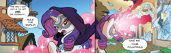 Size: 2674x834 | Tagged: safe, artist:tonyfleecs, edit, idw, rarity, pony, unicorn, ponies of dark water, spoiler:comic, spoiler:comic44, cape, clothes, comic, cropped, doctor doom, doctor doomity, female, flawless rarity, magic blast, mare, mask, solo, speech bubble, text edit