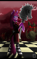 Size: 2903x4548 | Tagged: safe, artist:maria-fly, pinkie pie, pony, alice madness returns, bipedal, clothes, hobby horse, pinkamena diane pie, solo