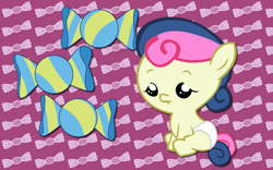 Size: 2560x1600 | Tagged: safe, artist:alicehumansacrifice0, derpibooru import, bon bon, sweetie drops, pony, baby, baby pony, candy, food, solo, wallpaper