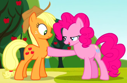 Size: 660x430 | Tagged: safe, screencap, applejack, pinkie pie, earth pony, pony, too many pinkie pies, cropped