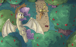 Size: 1698x1050 | Tagged: safe, artist:saturdaymorningproj, applejack, fluttershy, bat pony, pony, apple tree, flutterbat, flying, hat thief, lasso, mouth hold, rope, tree