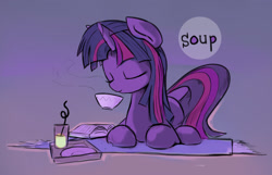 Size: 1621x1045 | Tagged: safe, artist:gsphere, derpibooru import, twilight sparkle, book, bowl, crazy straw, drink, solo, soup, straw