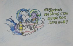 Size: 693x440 | Tagged: safe, artist:hillbe, rarity, spike, dragon, pony, unicorn, astronaut, cute, female, helmet, kissing, male, shipping, space, spacesuit, sparity, straight, text, traditional art
