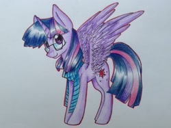 Size: 2056x1535 | Tagged: safe, artist:galaxytwentysix, derpibooru import, twilight sparkle, twilight sparkle (alicorn), alicorn, pony, clothes, female, glasses, mare, scarf, simple background, solo, traditional art