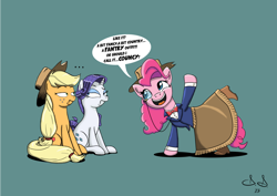 Size: 1024x724 | Tagged: safe, artist:doppiad-doubled, applejack, pinkie pie, rarity, earth pony, pony, unicorn, ..., grimace, hat, looking at each other, monocle, outfit, portmanteau